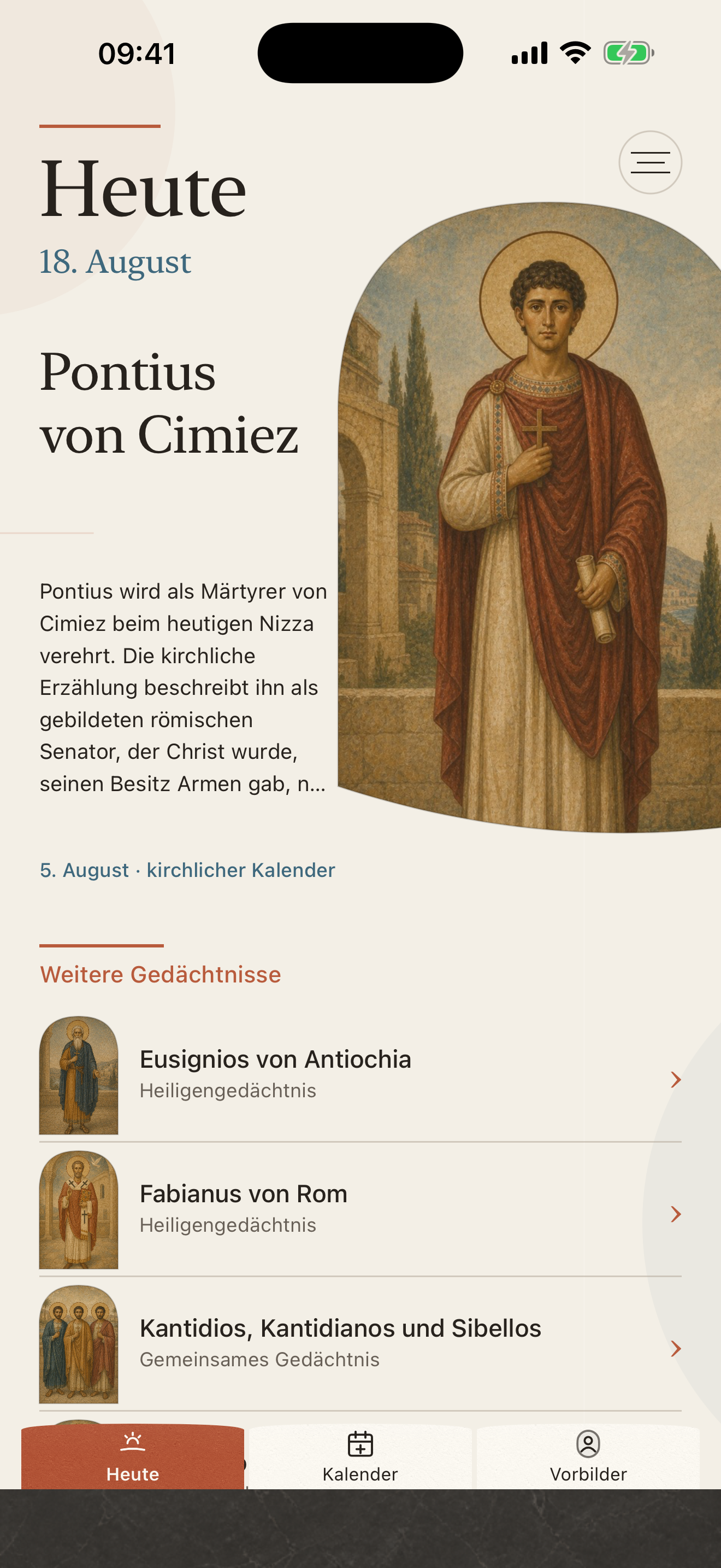 Screenshot der Heute-Ansicht in Heilige des Tages