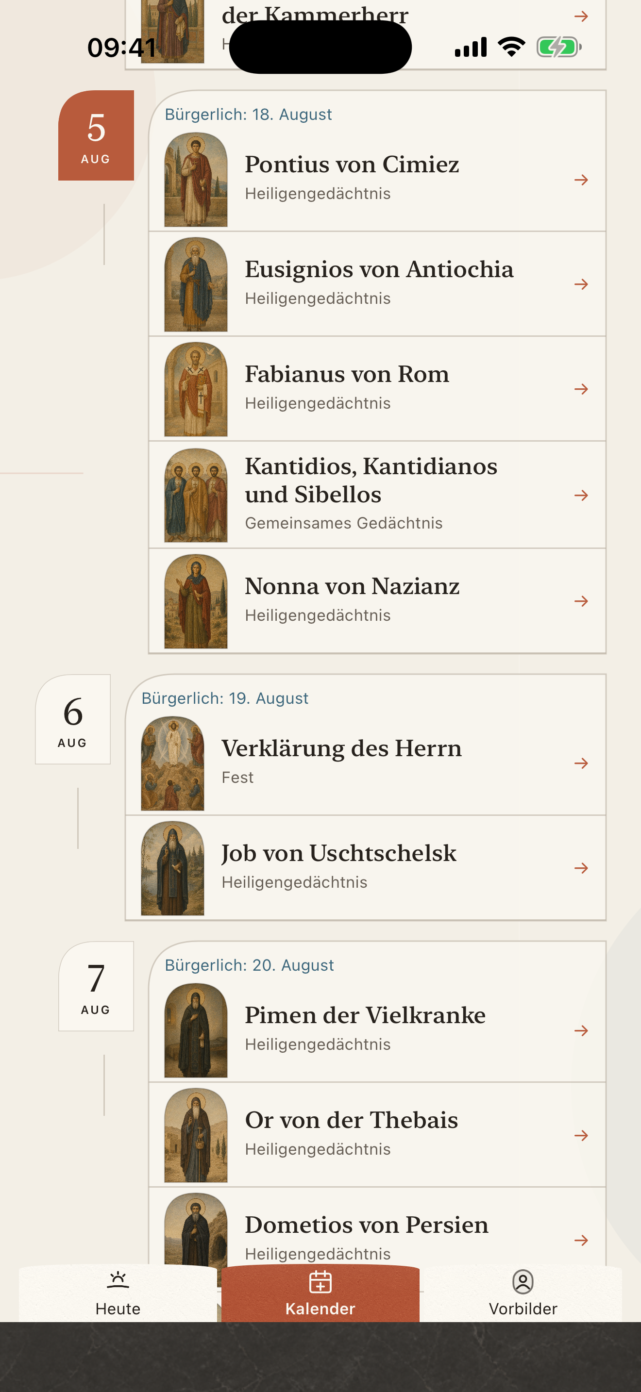 Screenshot des Kalenders in Heilige des Tages