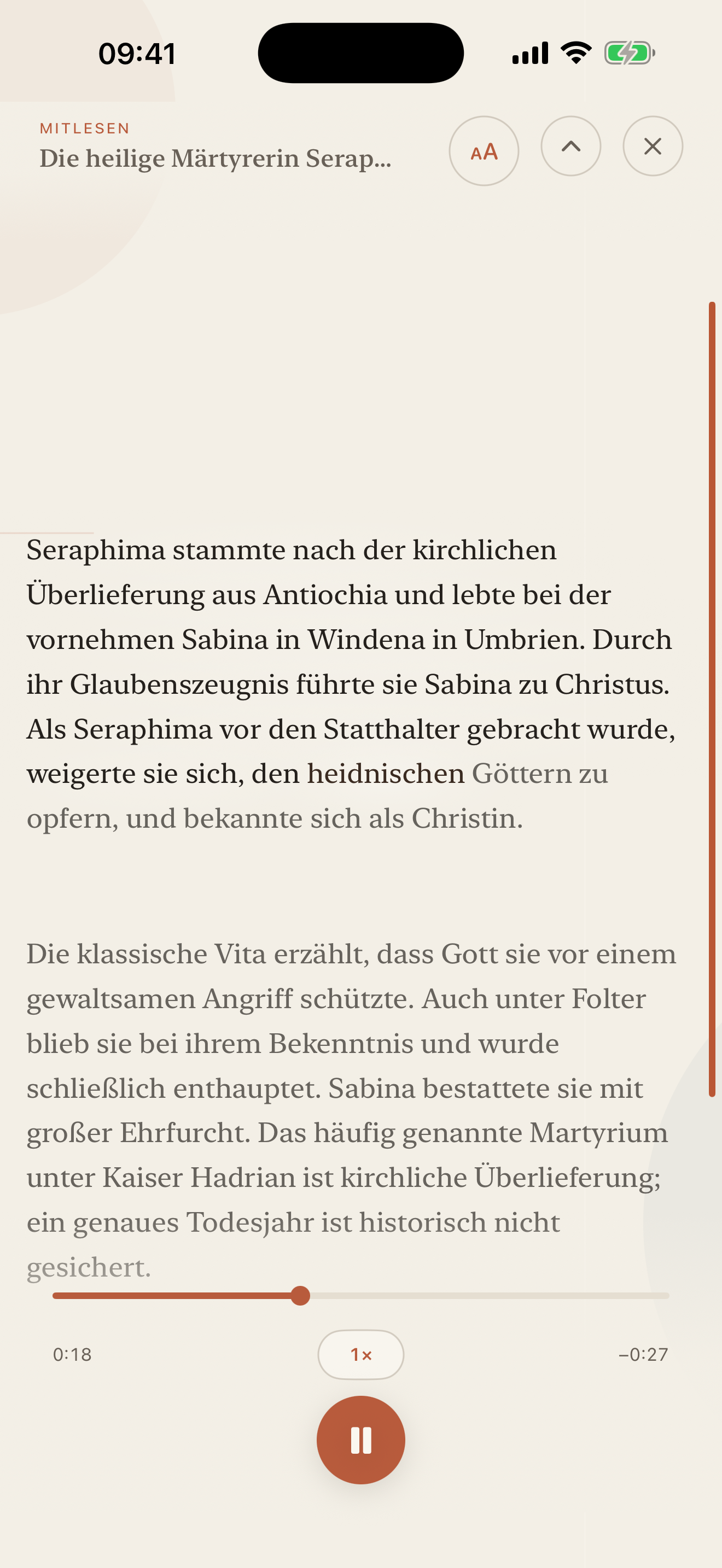 Screenshot der Audio- und Mitleseansicht in Heilige des Tages